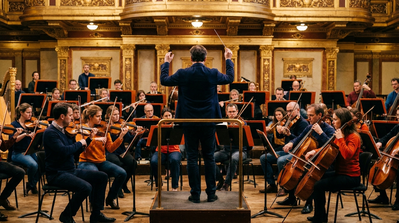 Répétition d'orchestre symphonique en cours, chef vu de dos face aux pupitres, musiciens et lumière chaude de salle de concert